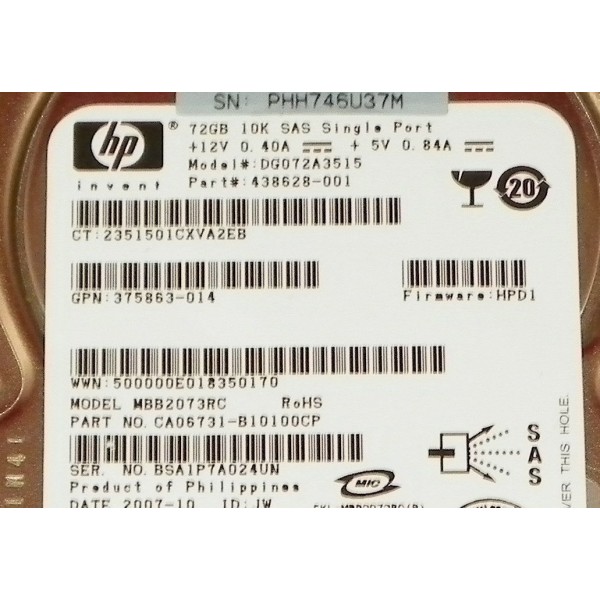 Disque dur HP 438628-001 SAS 2.5" 72 Gigas 10 Krpm