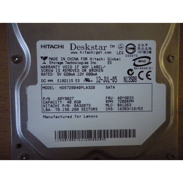 Disque Dur  Ibm SATA 3.5 7200rpm 40 Gb 40Y9027