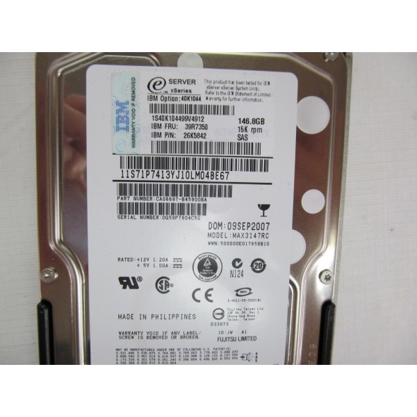 Disque Dur IBM 40K1044 SAS 3.5" 15Krpm 146 Gigas