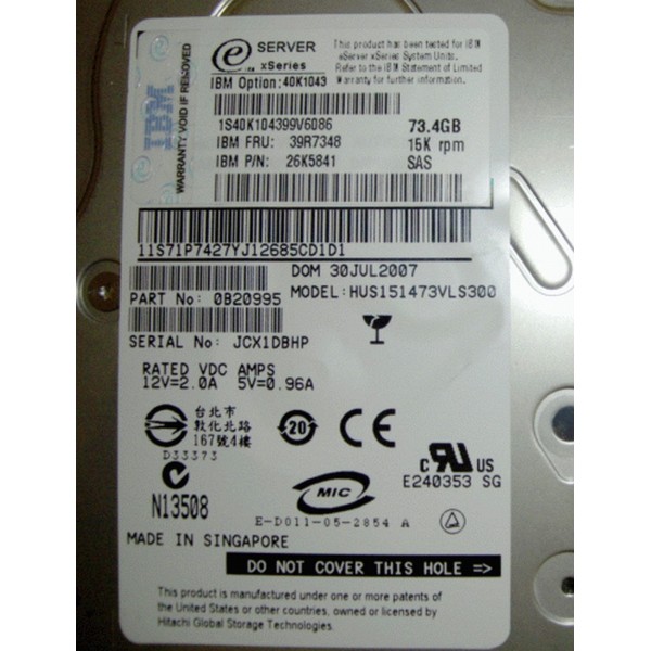 Disk drive IBM 40K1043 SAS 3.5" 15Krpm 72 Gigas