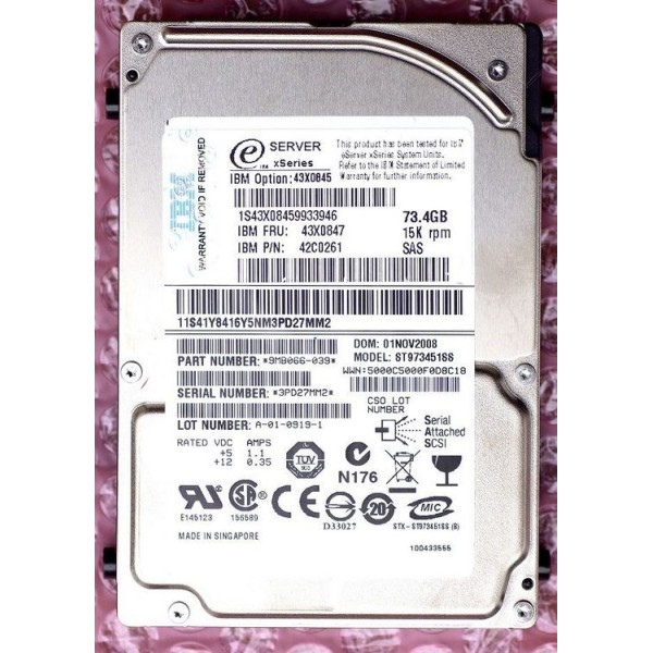 Disque Dur IBM 43X0845 SAS 2.5" 15Krpm 72 Gigas