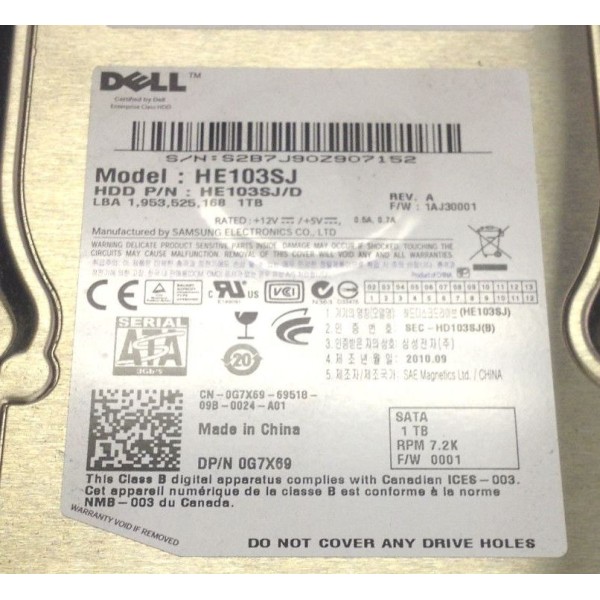 Disco duro DELL G7X69 1000 Gigas SATA II  3.5" 7200 Rpm