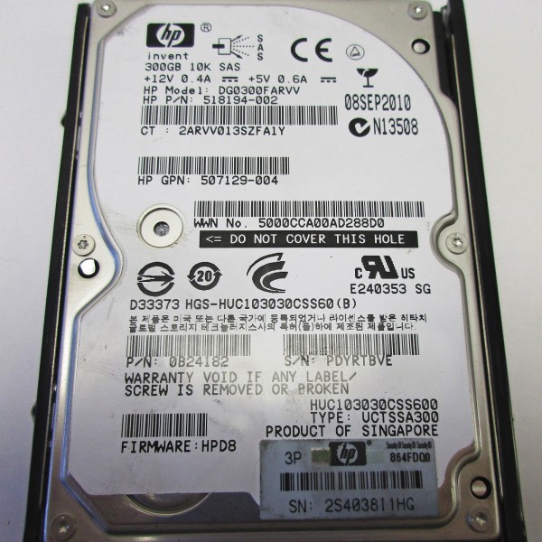 Disque Dur HP SAS 2.5 10 Krpm 300 Gb 0B24182