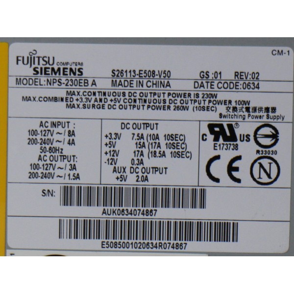 Fuente de alimentacion S26113-E508-V50-1 para FUJITSU Econel 100 S2