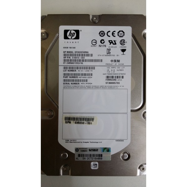 Disque dur HP 635330-001 NO TRAY SAS 3.5" 600 Gigas 15 Krpm