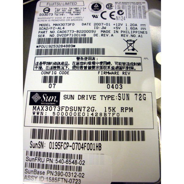 Disque Dur SUN Fibre Channel 3.5 15 Krpm 146 Gb 540-6548-02