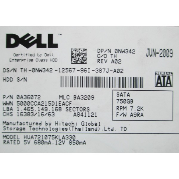 Disque Dur DELL SATA 3.5 7200 Rpm 750 Gb NW342 NO TRAY