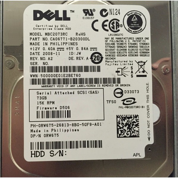 Disque dur DELL 0RW675 SAS 2.5" 72 Gigas 15 Krpm