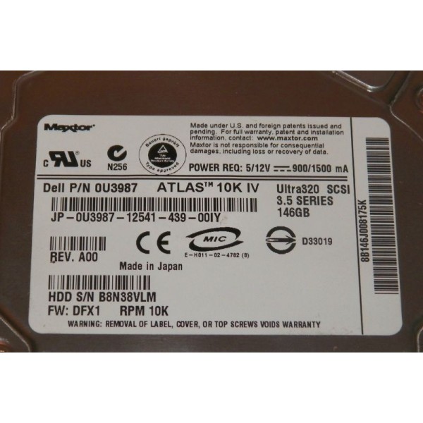 Hard Drive DELL U3987 SCSI 3.5" 146 Gigas 10 Krpm