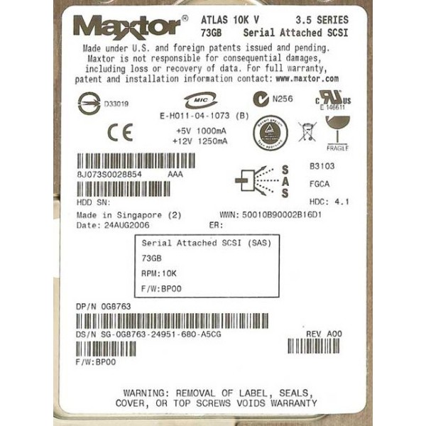 Hard Drive DELL 0G8763 SAS 3.5" 72 Gigas 10 Krpm