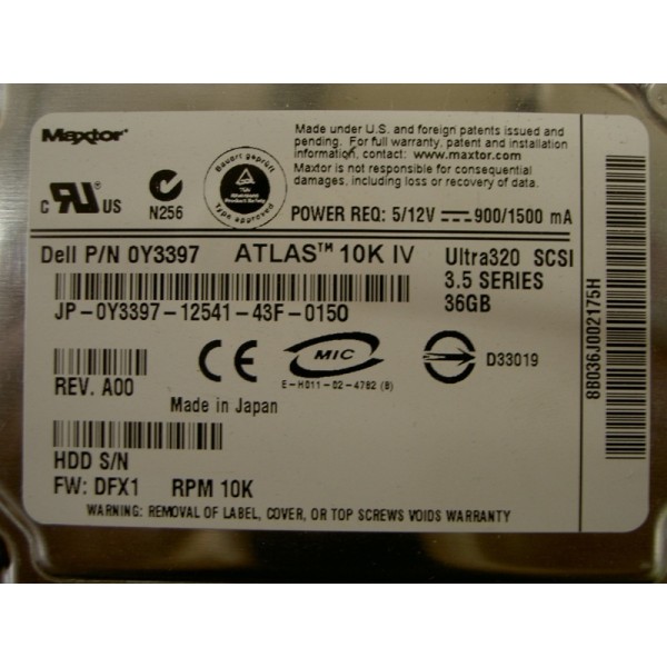 Hard Drive DELL 0Y3397 SCSI 3.5" 36 Gigas 10 Krpm