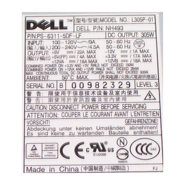 Alimentation pour Dell PE T105 Ref : PS-6311-5DF-LF