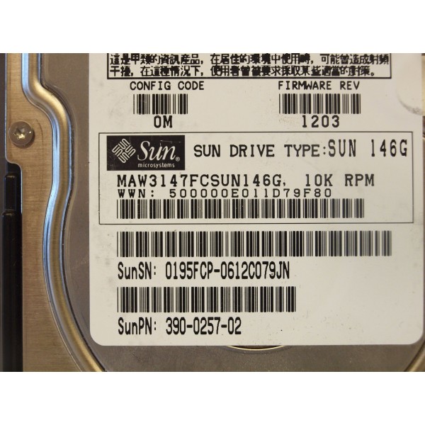 Hard Drive SUN 390-0257-02 FIBRE 3.5" 146 Gigas 10 Krpm